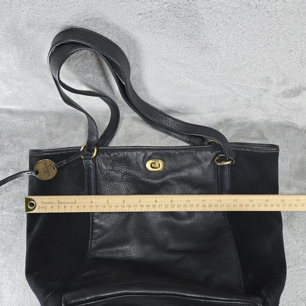 Margo New York Turnlock Hobo Tote Leather And Suede Lined Mixed Media Black